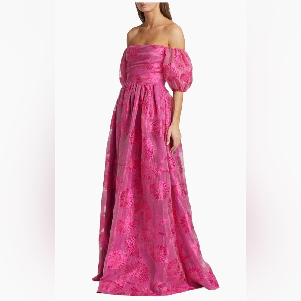 ML Monique Lhuillier Organza Jacquard Off-Shoulder Gown Floral Pink Maxi Dress - Picture 2 of 16